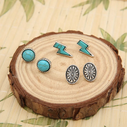 3 Pairs Bohemian Round Flower Lightning Plating Alloy Turquoise Ear Studs