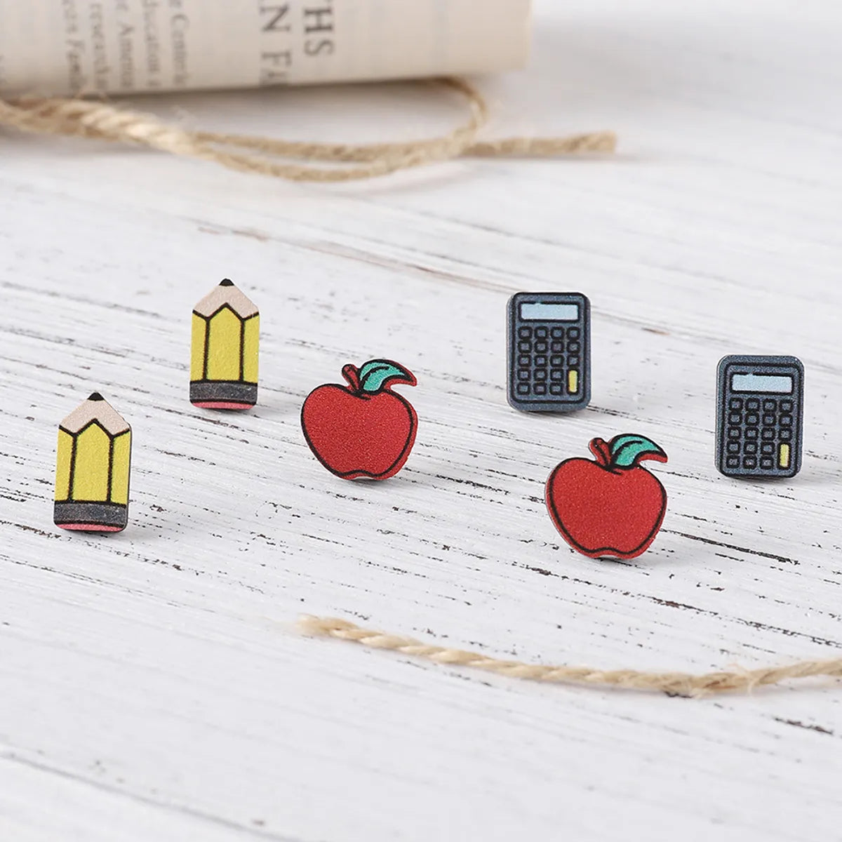 3 Pairs Cartoon Style Retro Book Apple Pencil Wood Ear Studs