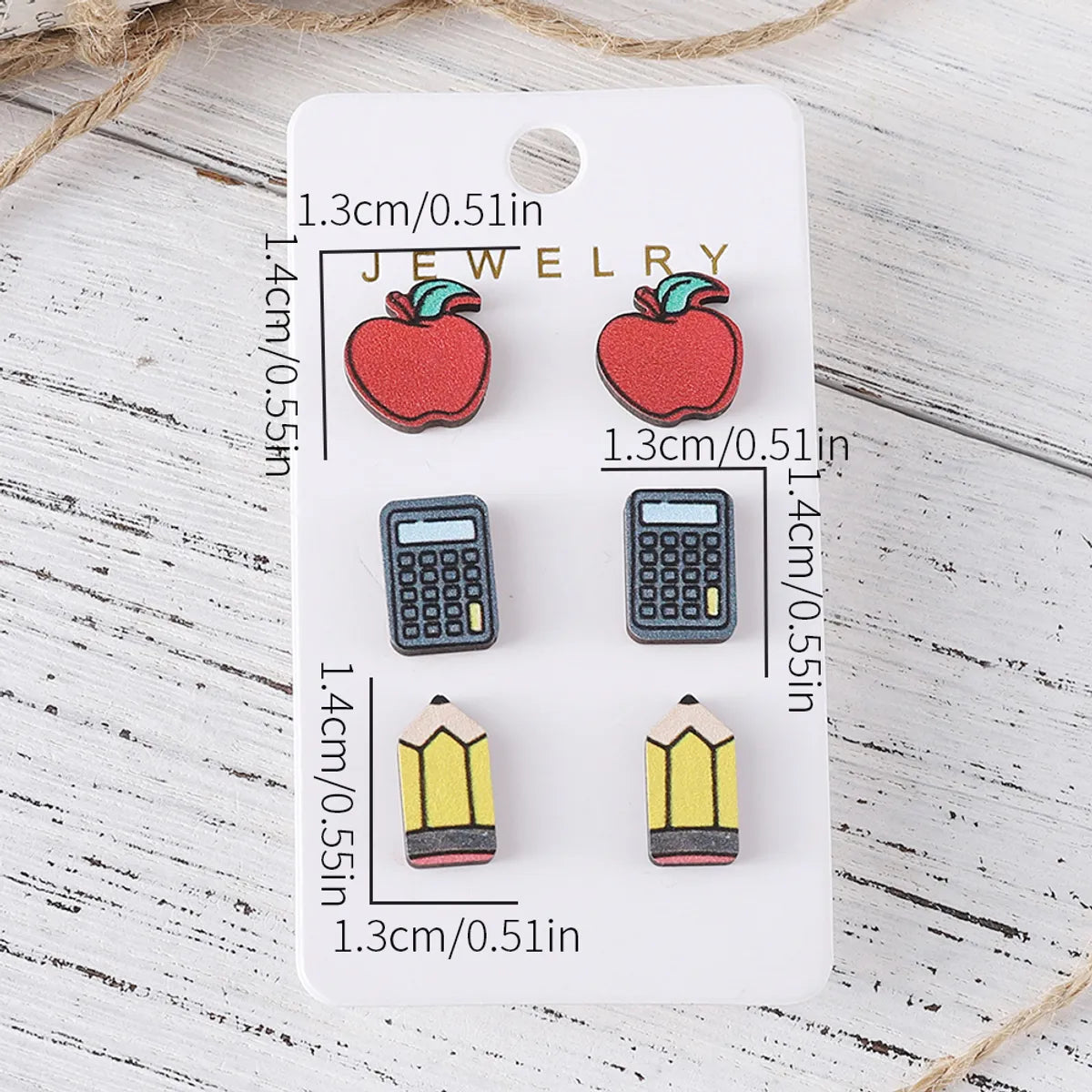 3 Pairs Cartoon Style Retro Book Apple Pencil Wood Ear Studs