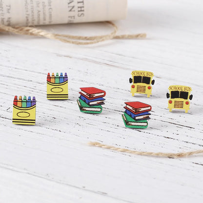 3 Pairs Cartoon Style Retro Book Apple Pencil Wood Ear Studs