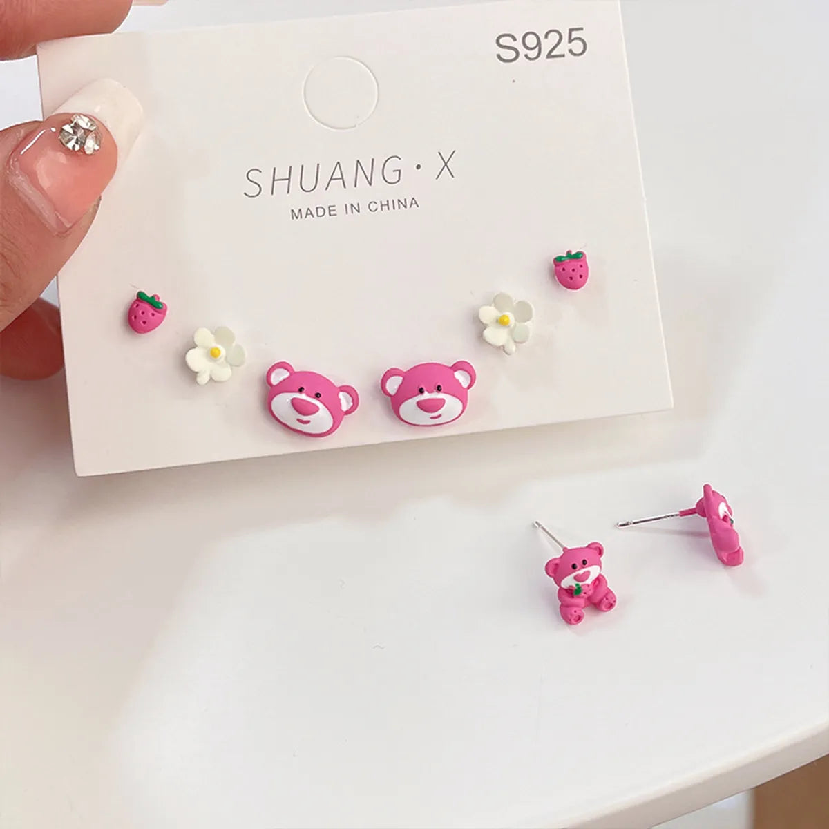 3 Pairs Cute Bear Flower Strawberry Alloy Plating Women'S Ear Studs