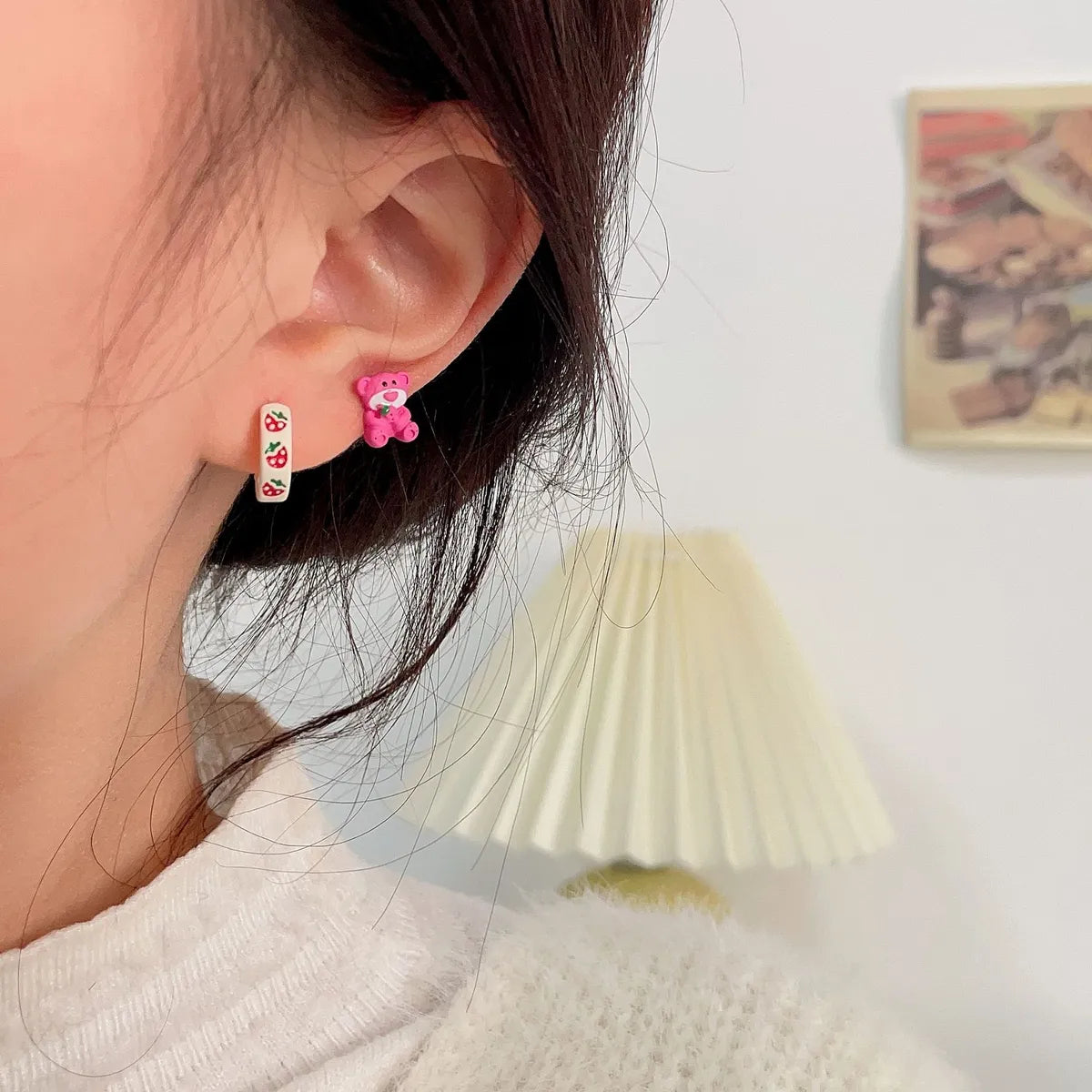 3 Pairs Cute Bear Flower Strawberry Alloy Plating Women'S Ear Studs