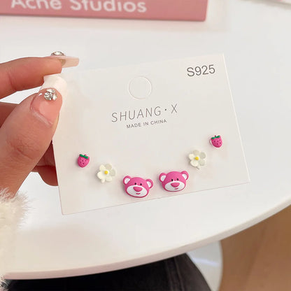 3 Pairs Cute Bear Flower Strawberry Alloy Plating Women'S Ear Studs