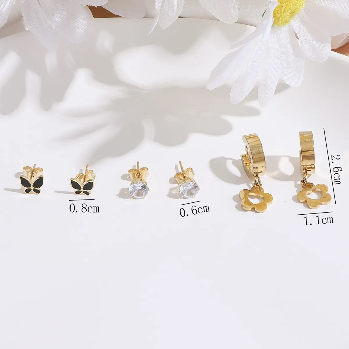 3 Pairs Cute Butterfly Plating Inlay Stainless Steel Artificial Diamond Gold Plated Drop Earrings