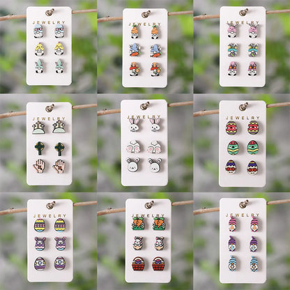 3 Pairs Cute Cartoon Character Wood Ear Studs