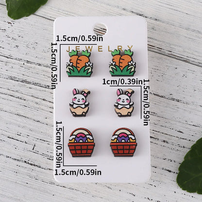 3 Pairs Cute Cartoon Character Wood Ear Studs