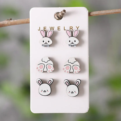 3 Pairs Cute Cartoon Character Wood Ear Studs