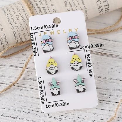 3 Pairs Cute Cartoon Character Wood Ear Studs