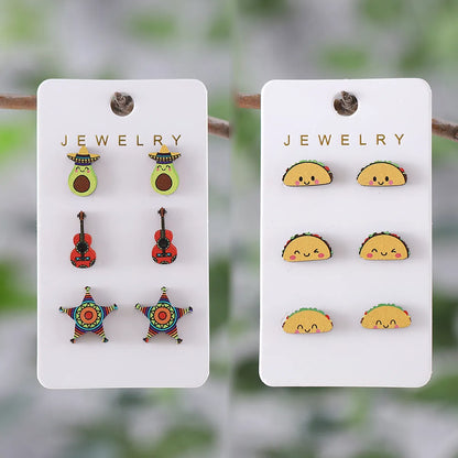 3 Pairs Cute Cartoon Star  Face Wood Ear Studs