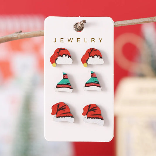 3 Pairs Cute Christmas Hat Wood Ear Studs