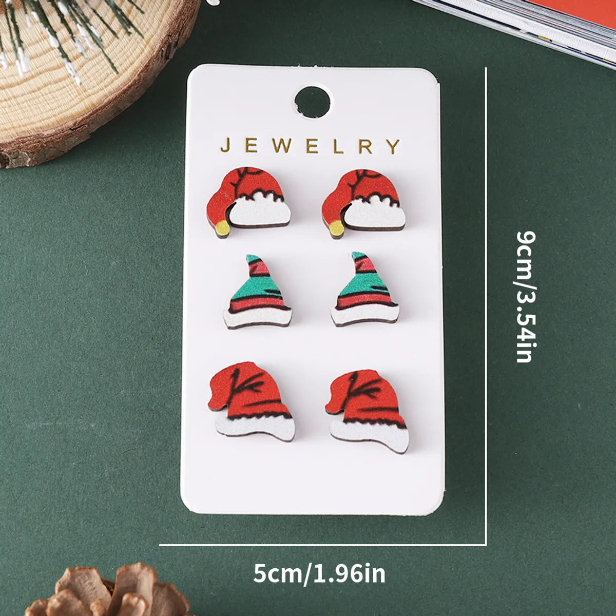 3 Pairs Cute Christmas Hat Wood Ear Studs