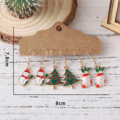 3 Pairs Cute Christmas Tree Christmas Socks Snowman Alloy Drop Earrings