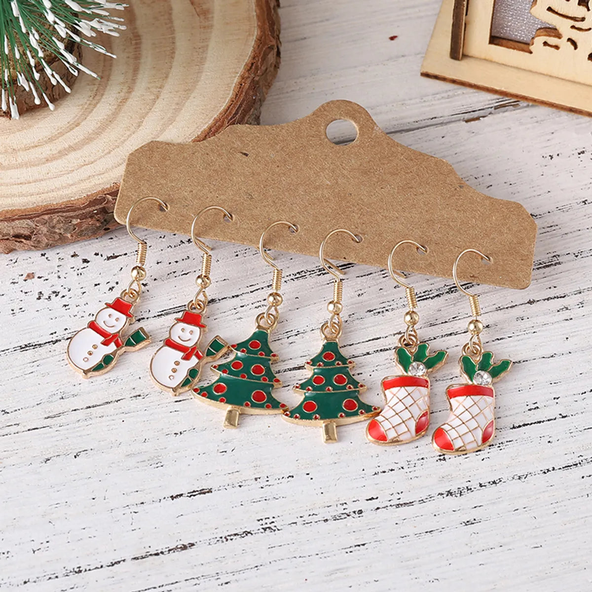 3 Pairs Cute Christmas Tree Christmas Socks Snowman Alloy Drop Earrings