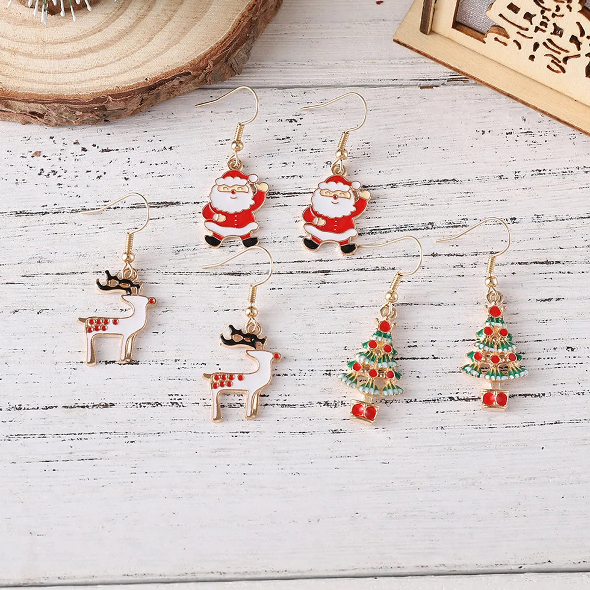 3 Pairs Cute Christmas Tree Santa Claus Elk Alloy Drop Earrings