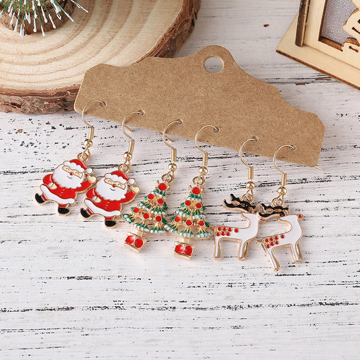 3 Pairs Cute Christmas Tree Santa Claus Elk Alloy Drop Earrings