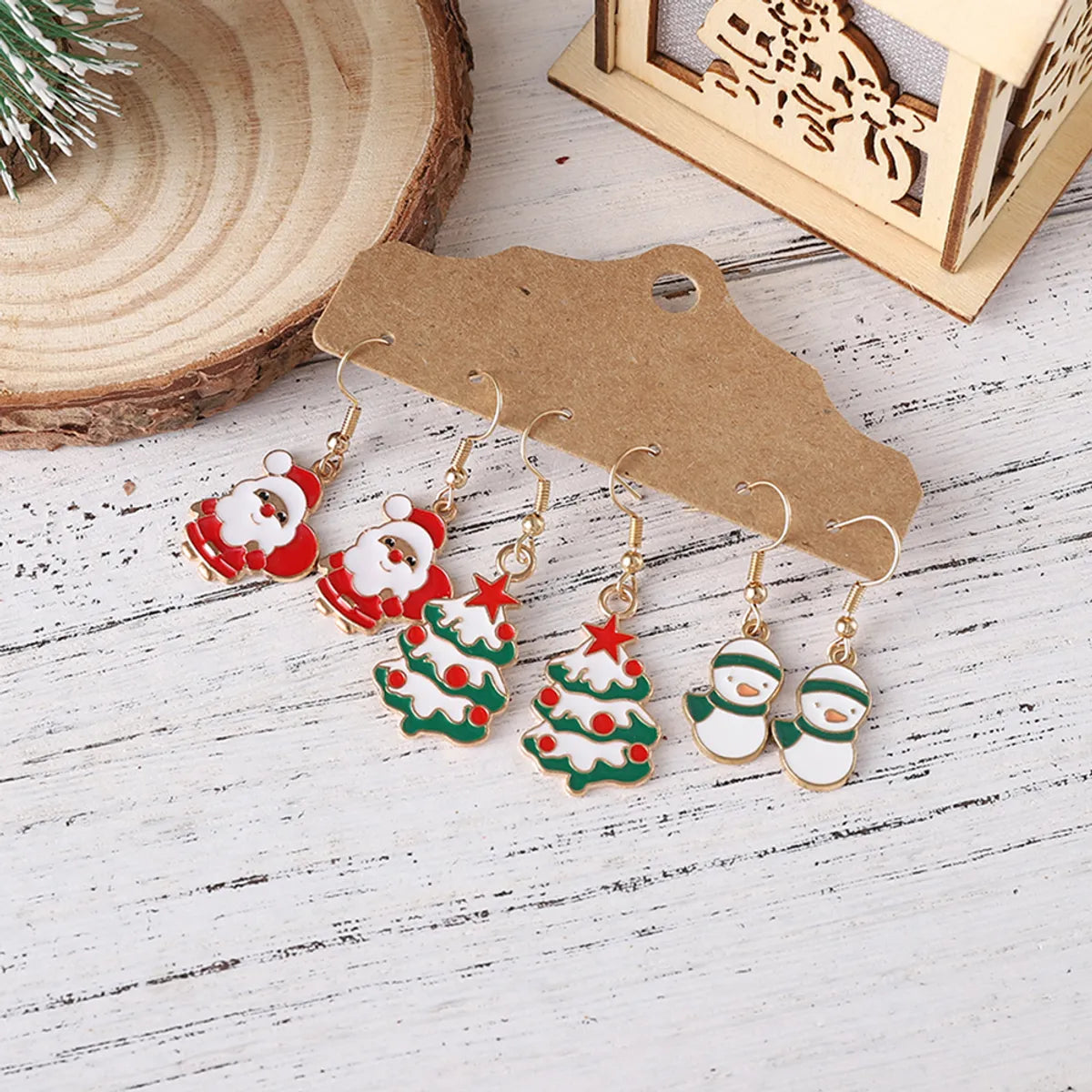 3 Pairs Cute Christmas Tree Santa Claus Snowman Alloy Drop Earrings