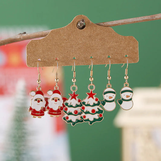 3 Pairs Cute Christmas Tree Santa Claus Snowman Alloy Drop Earrings