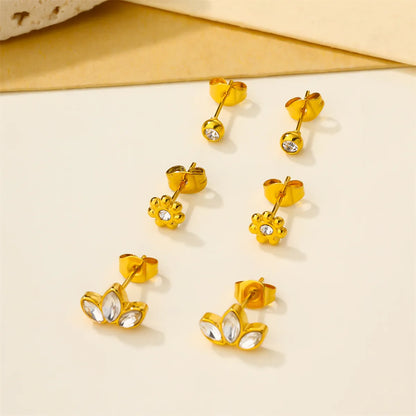 3 Pairs Cute Flower Flowers 304 Stainless Steel Artificial Pearls Zircon 18K Gold Plated Ear Studs