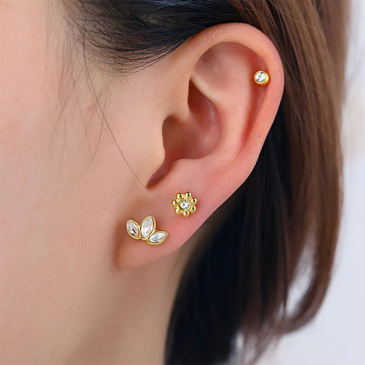 3 Pairs Cute Flower Flowers 304 Stainless Steel Artificial Pearls Zircon 18K Gold Plated Ear Studs