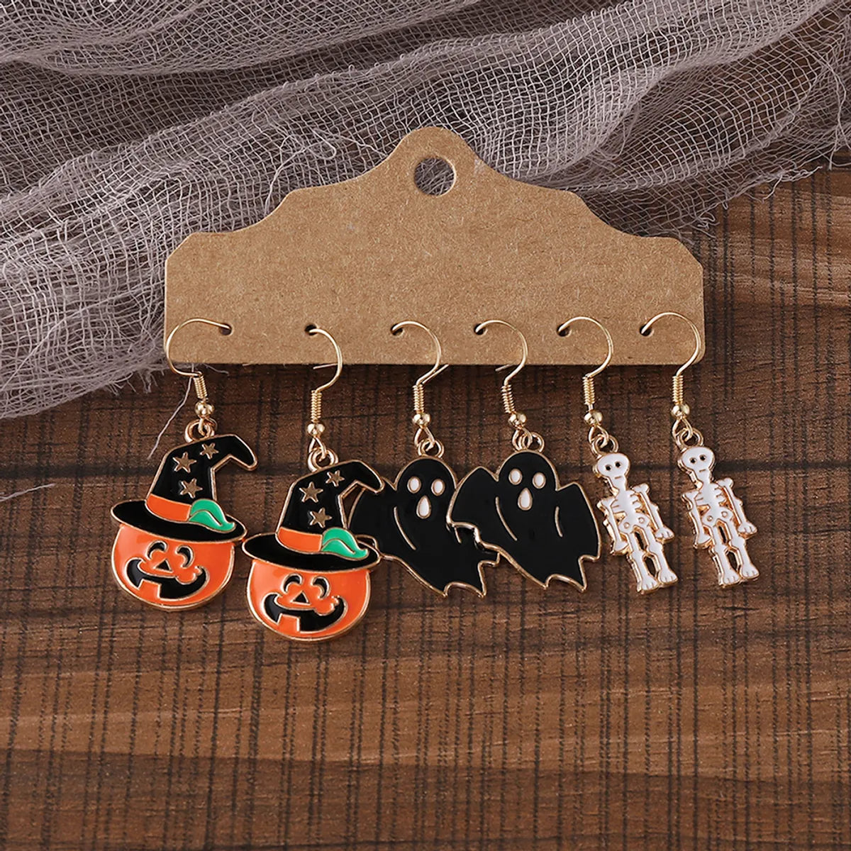 3 Pairs Cute Funny Pumpkin Skull Alloy Drop Earrings