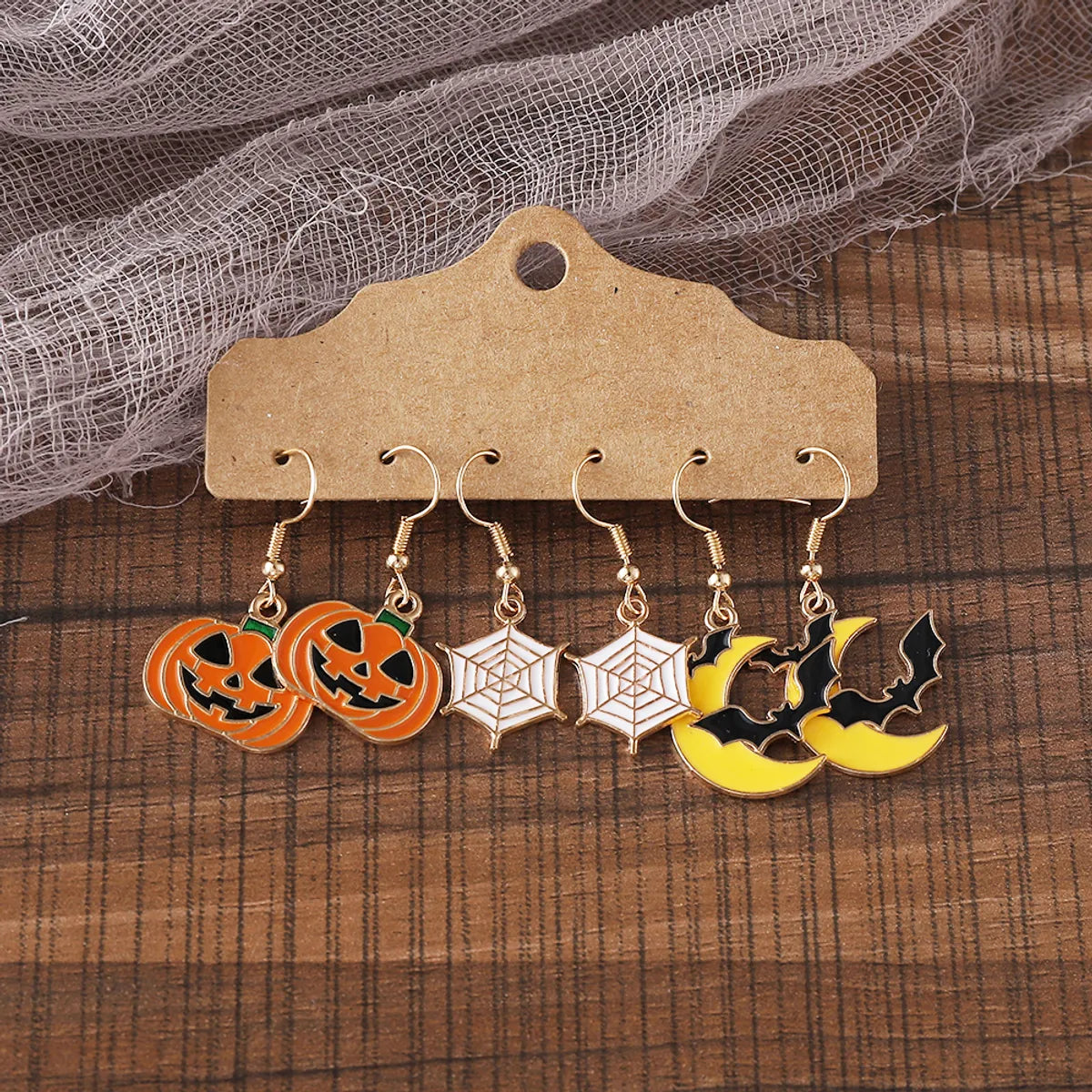 3 Pairs Cute Funny Pumpkin Spider Web Bat Alloy Drop Earrings