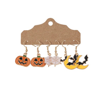 3 Pairs Cute Funny Pumpkin Spider Web Bat Alloy Drop Earrings