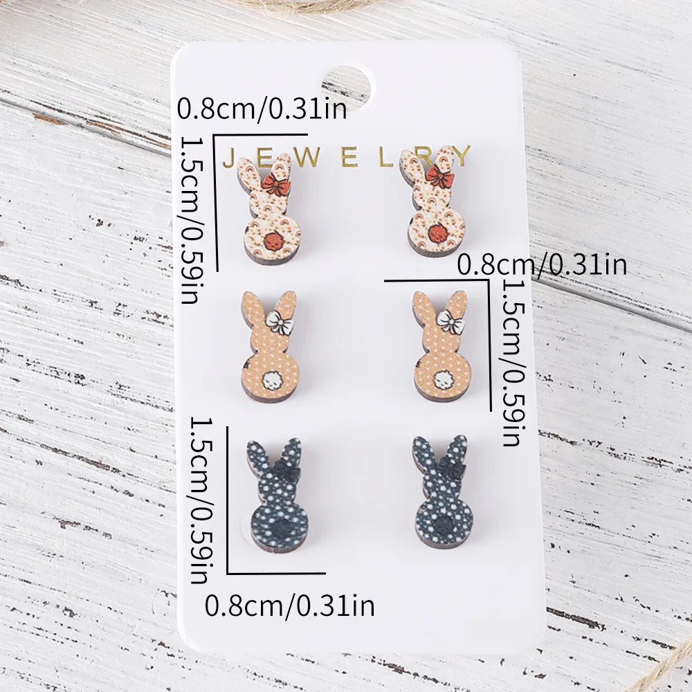 3 Pairs Cute Rabbit Cartoon Character Carrot Wood Ear Studs