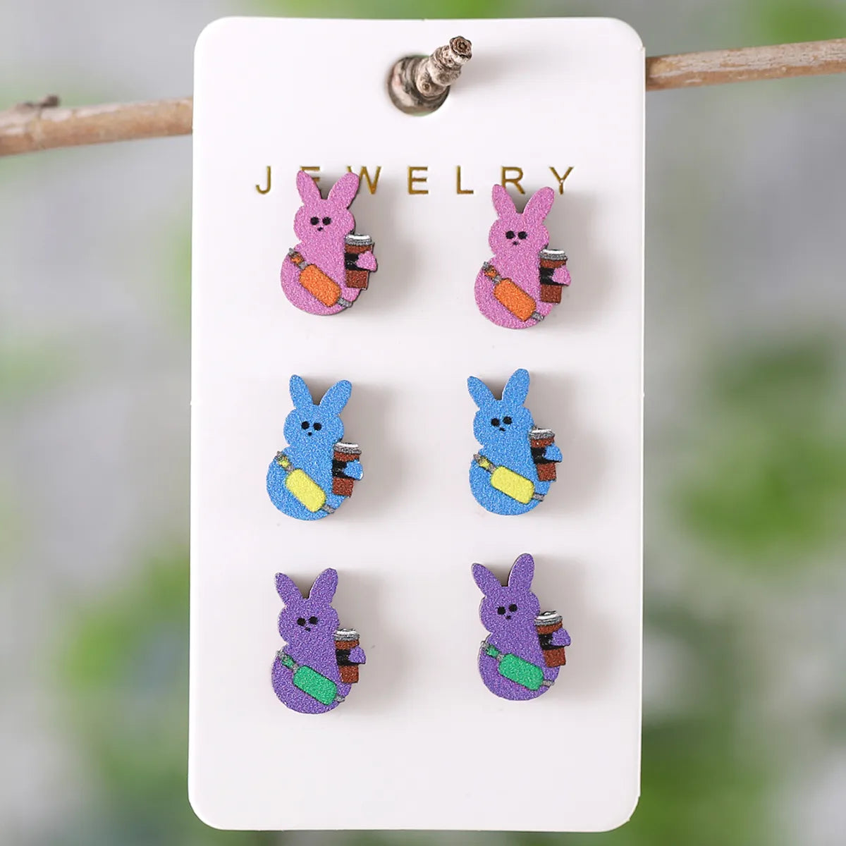 3 Pairs Cute Rabbit Cartoon Character Carrot Wood Ear Studs