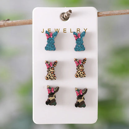 3 Pairs Cute Rabbit Cartoon Character Carrot Wood Ear Studs