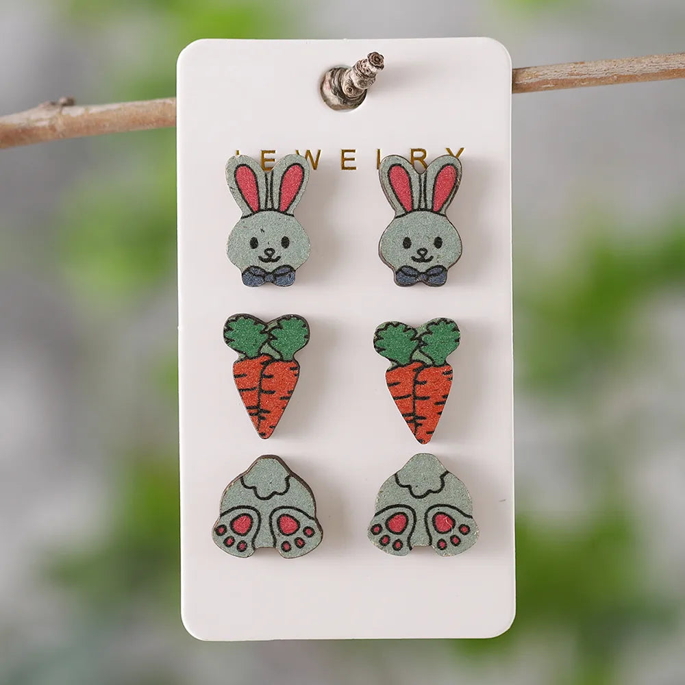 3 Pairs Cute Rabbit Cartoon Character Carrot Wood Ear Studs