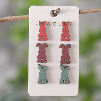 3 Pairs Cute Rabbit Cartoon Character Carrot Wood Ear Studs