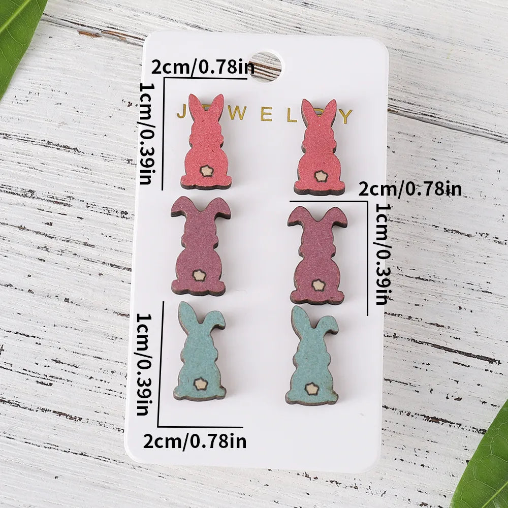 3 Pairs Cute Rabbit Cartoon Character Carrot Wood Ear Studs