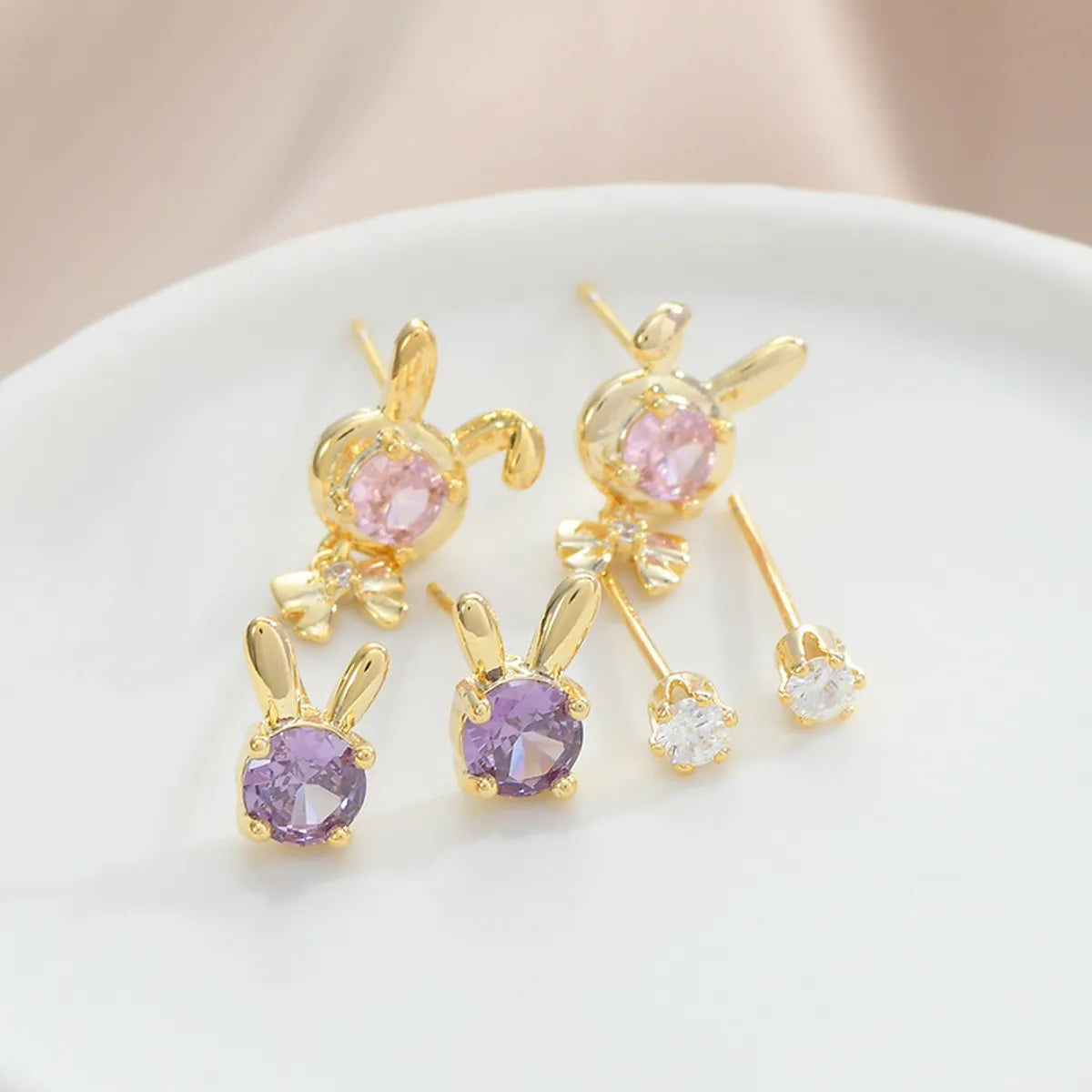 3 Pairs Cute Rabbit Copper Inlay Zircon Ear Studs