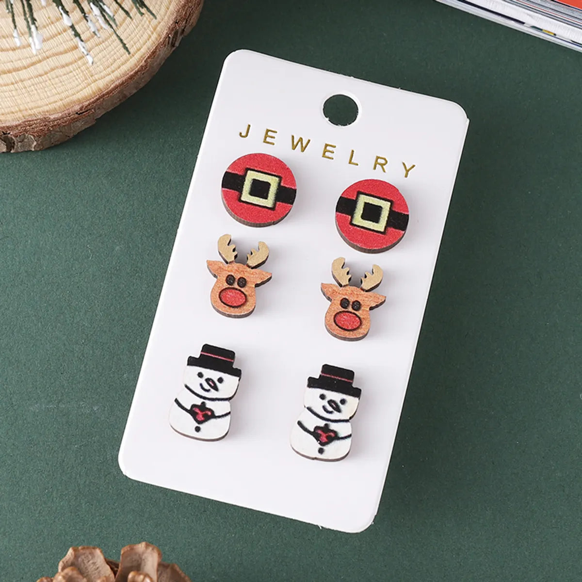 3 Pairs Cute Snowman Wood Ear Studs