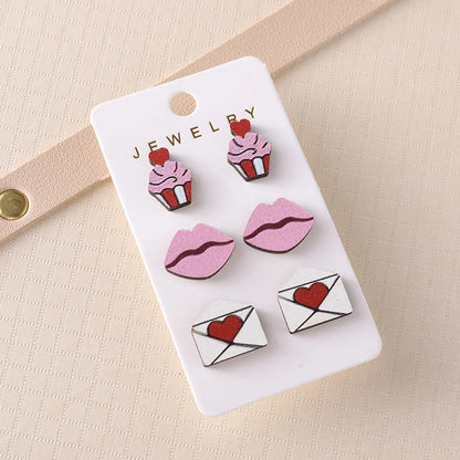 3 Pairs Cute Sweet Lips Heart Shape Wood Ear Studs