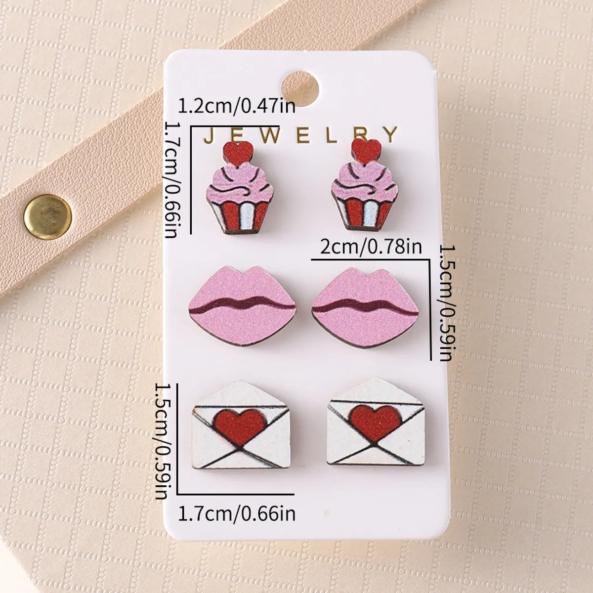 3 Pairs Cute Sweet Lips Heart Shape Wood Ear Studs