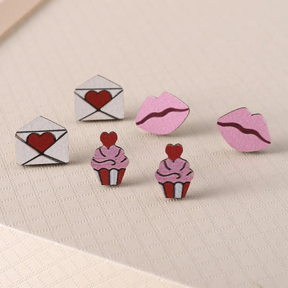 3 Pairs Cute Sweet Lips Heart Shape Wood Ear Studs