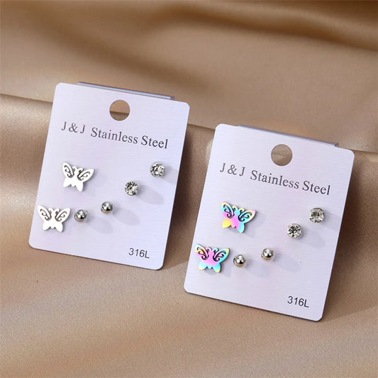 3 Pairs Elegant Butterfly Stainless Steel Inlay Zircon Ear Studs