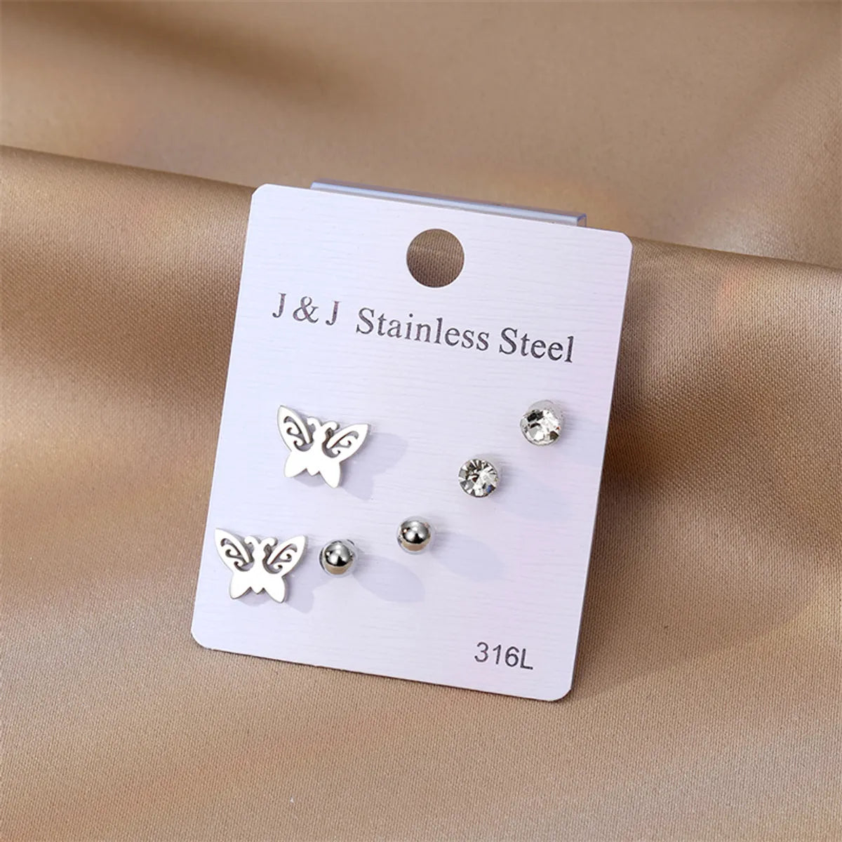 3 Pairs Elegant Butterfly Stainless Steel Inlay Zircon Ear Studs