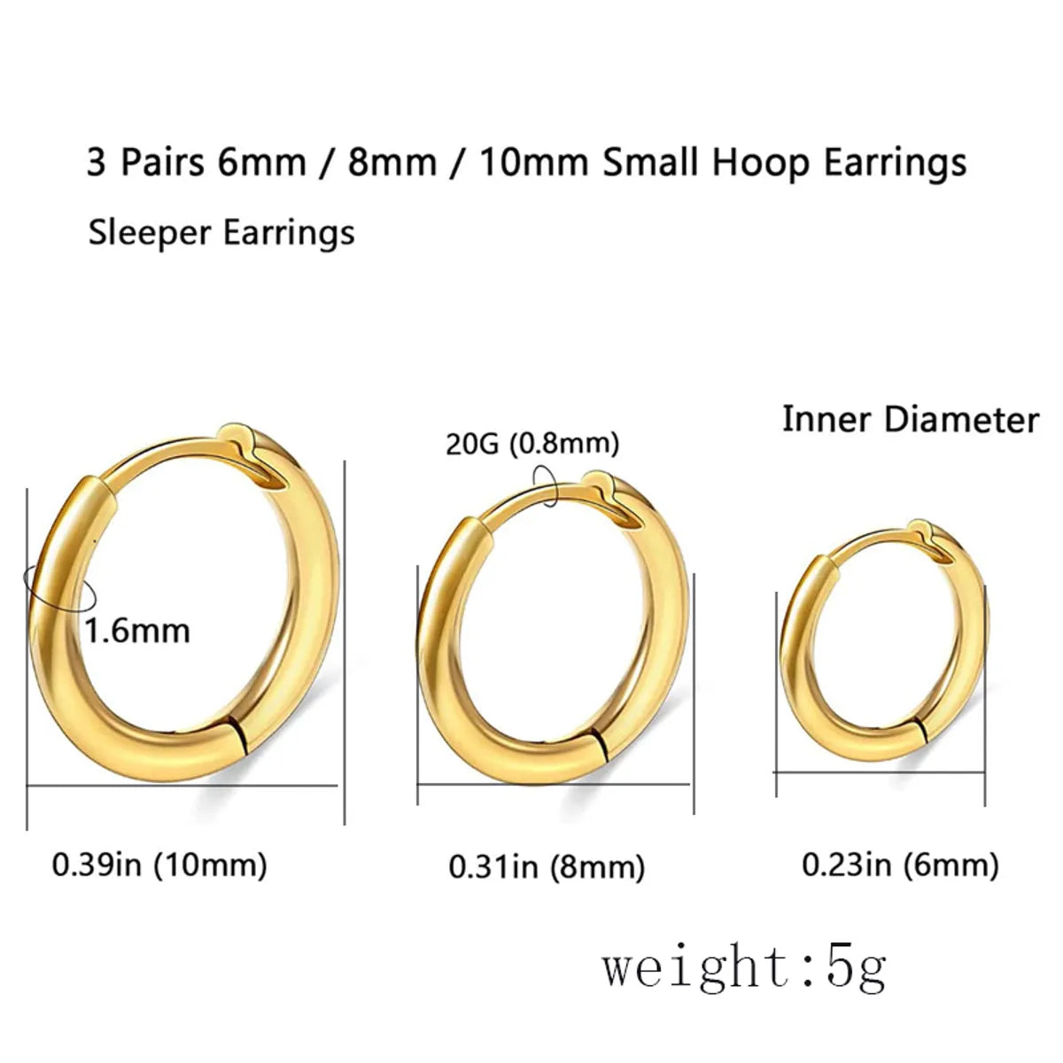 3 Pairs Elegant Cute Classic Style Solid Color Plating Stainless Steel 14k Gold Plated Earrings