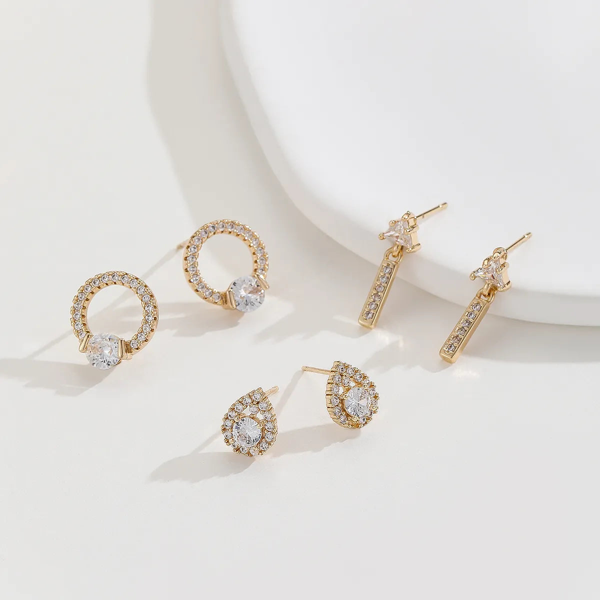 3 Pairs Elegant Lady Water Droplets Plating Inlay Copper Zircon Gold Plated Ear Studs