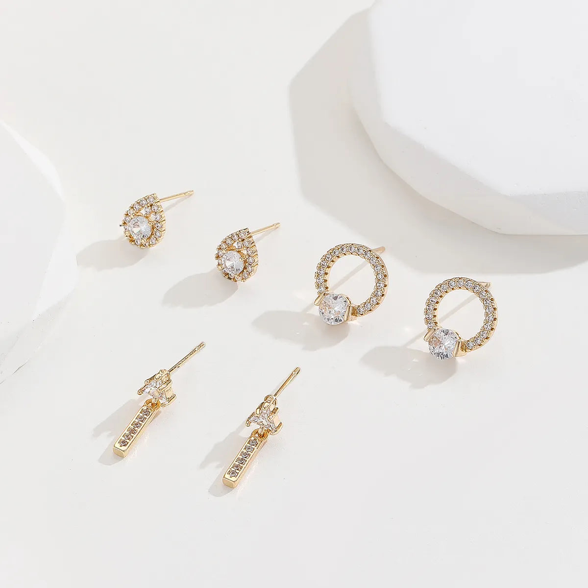 3 Pairs Elegant Lady Water Droplets Plating Inlay Copper Zircon Gold Plated Ear Studs