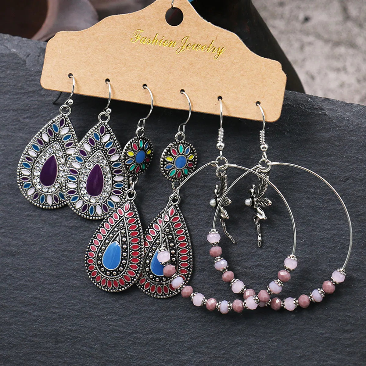 3 Pairs Ethnic Style Geometric Metal Enamel Women'S Earrings