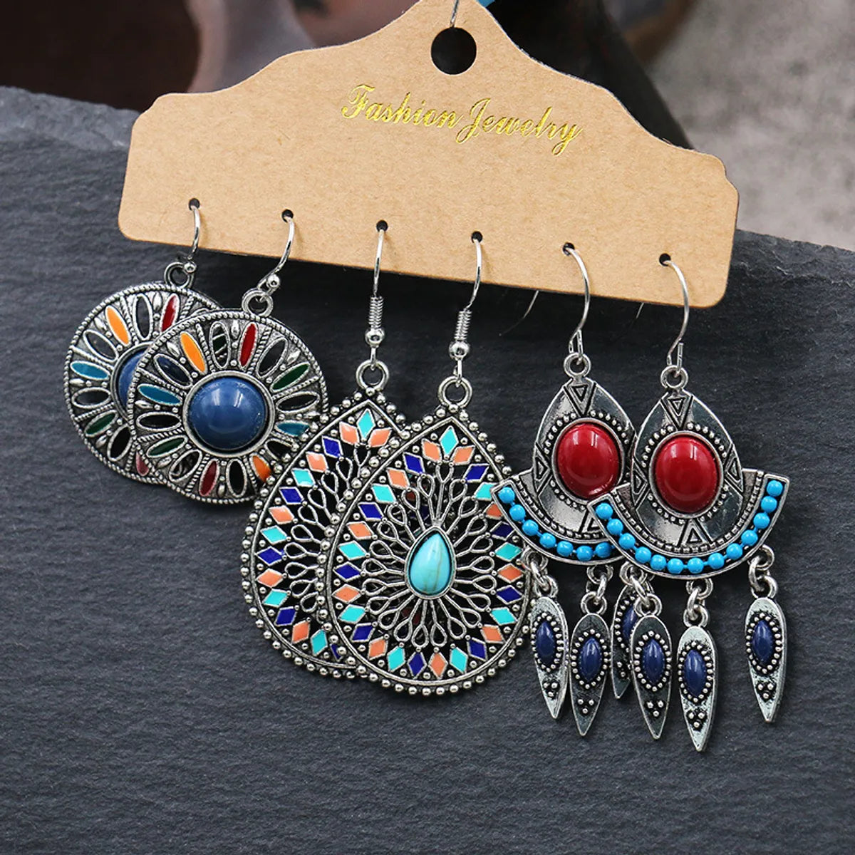 3 Pairs Ethnic Style Geometric Metal Enamel Women'S Earrings