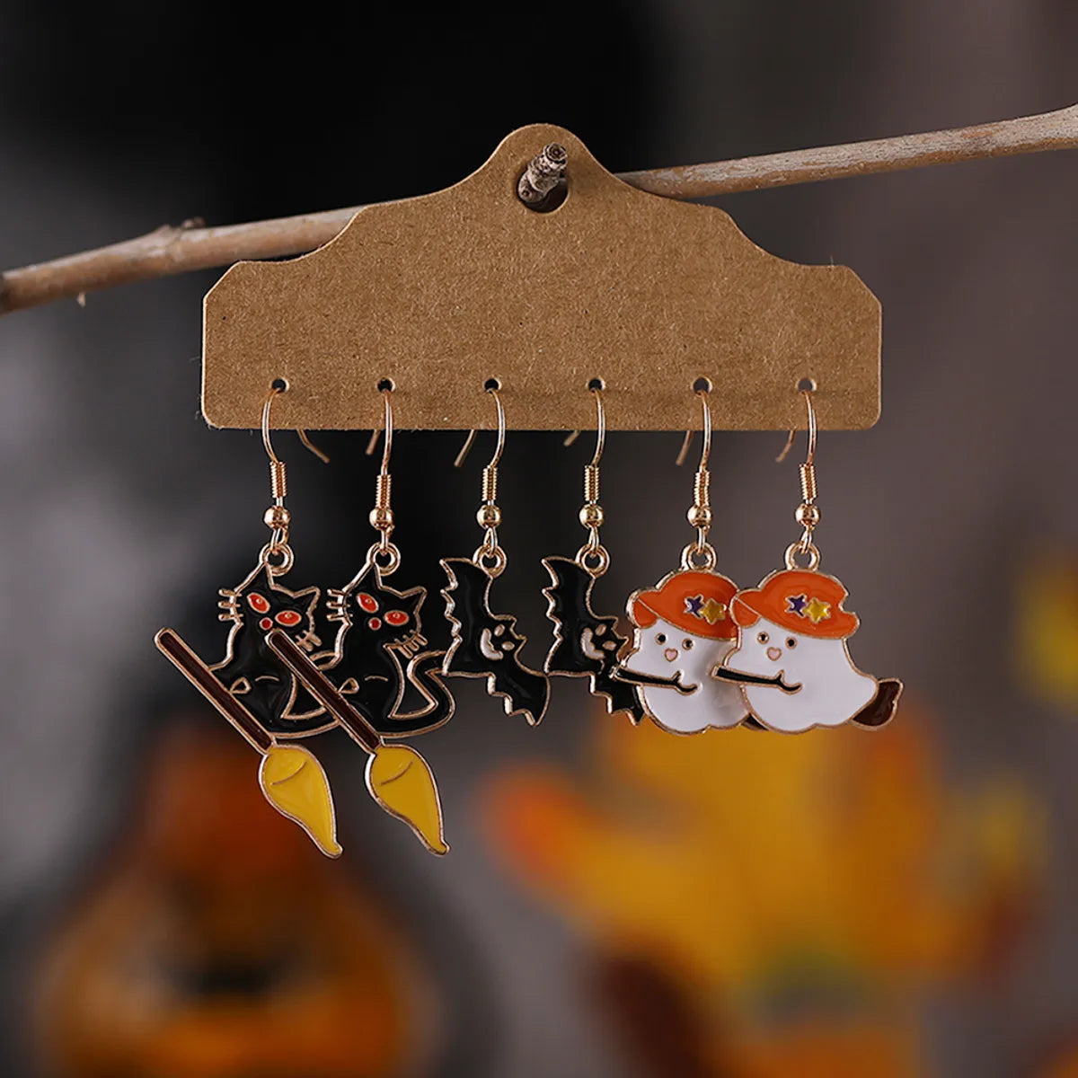 3 Pairs Funny Cat Bat Alloy Drop Earrings