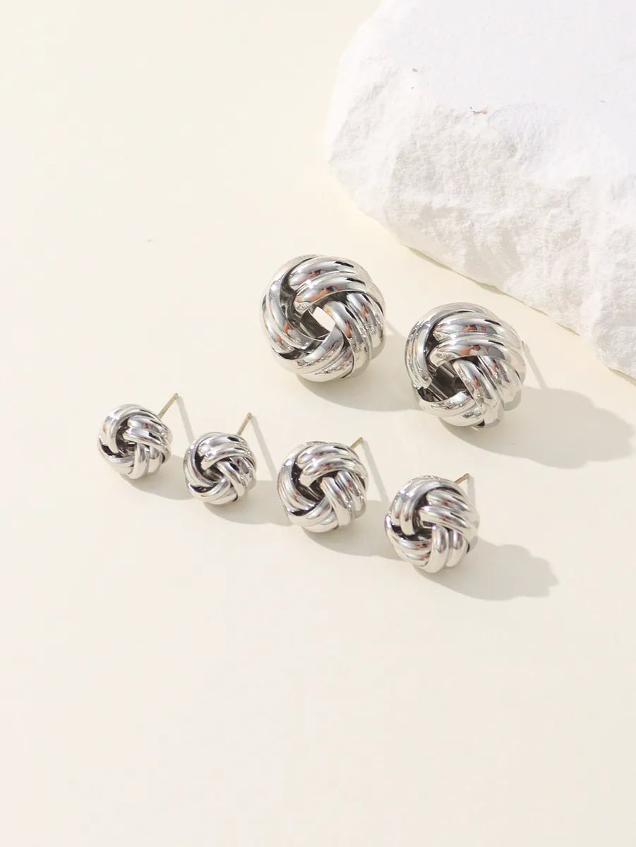 3 Pairs Hip-Hop Retro Solid Color Plating Braid Metal White Gold Plated Ear Studs