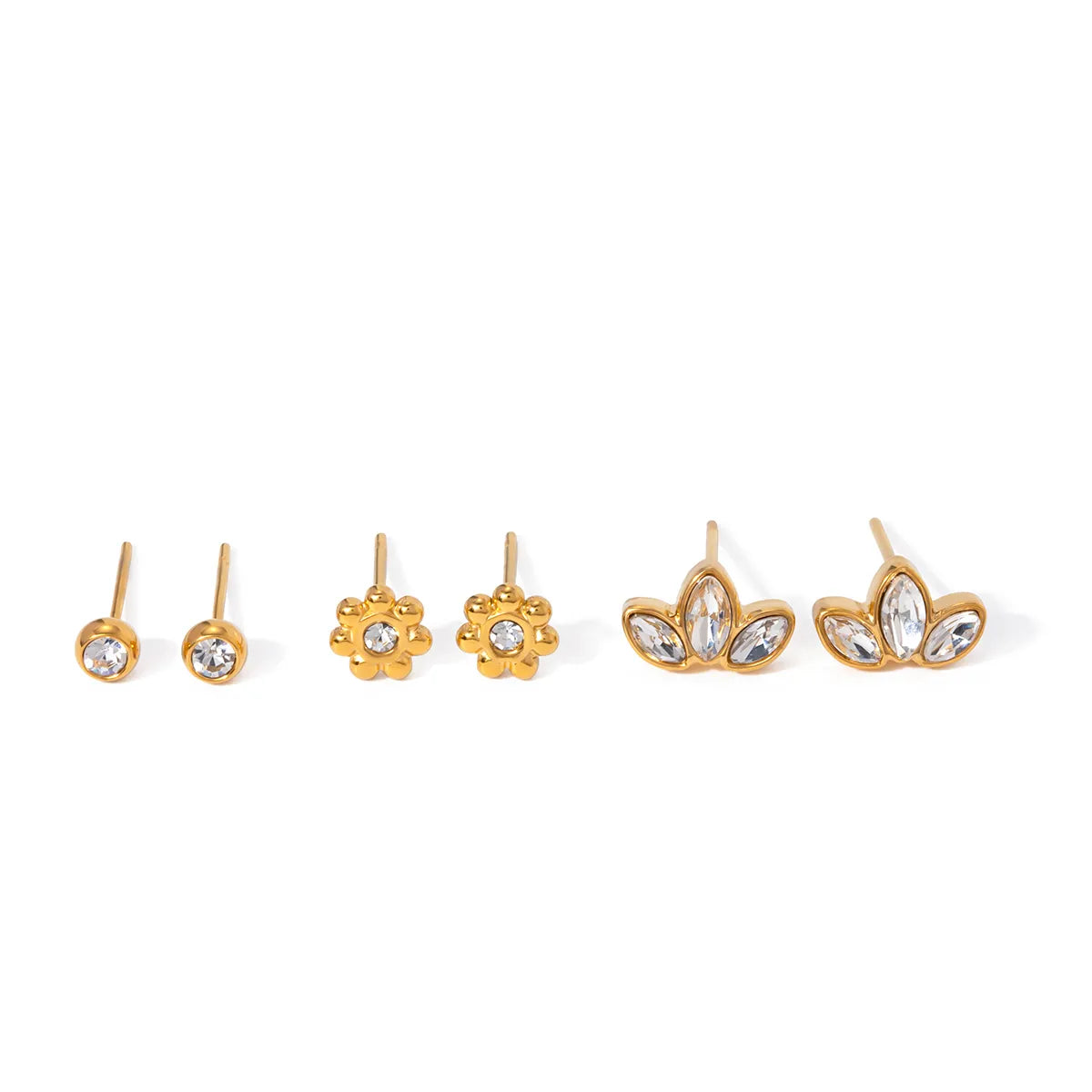 3 Pairs IG Style Shiny Petal Inlay 304 Stainless Steel Zircon 18K Gold Plated Ear Studs