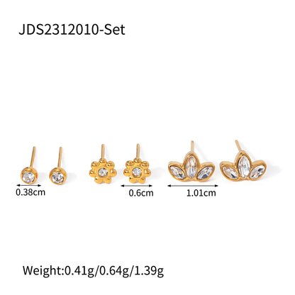 3 Pairs IG Style Shiny Petal Inlay 304 Stainless Steel Zircon 18K Gold Plated Ear Studs