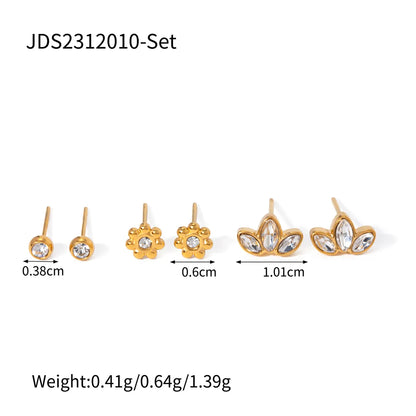 3 Pairs IG Style Shiny Petal Inlay 304 Stainless Steel Zircon 18K Gold Plated Ear Studs