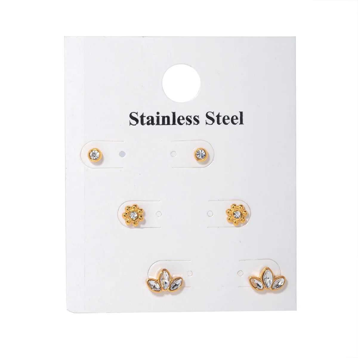 3 Pairs IG Style Shiny Petal Inlay 304 Stainless Steel Zircon 18K Gold Plated Ear Studs